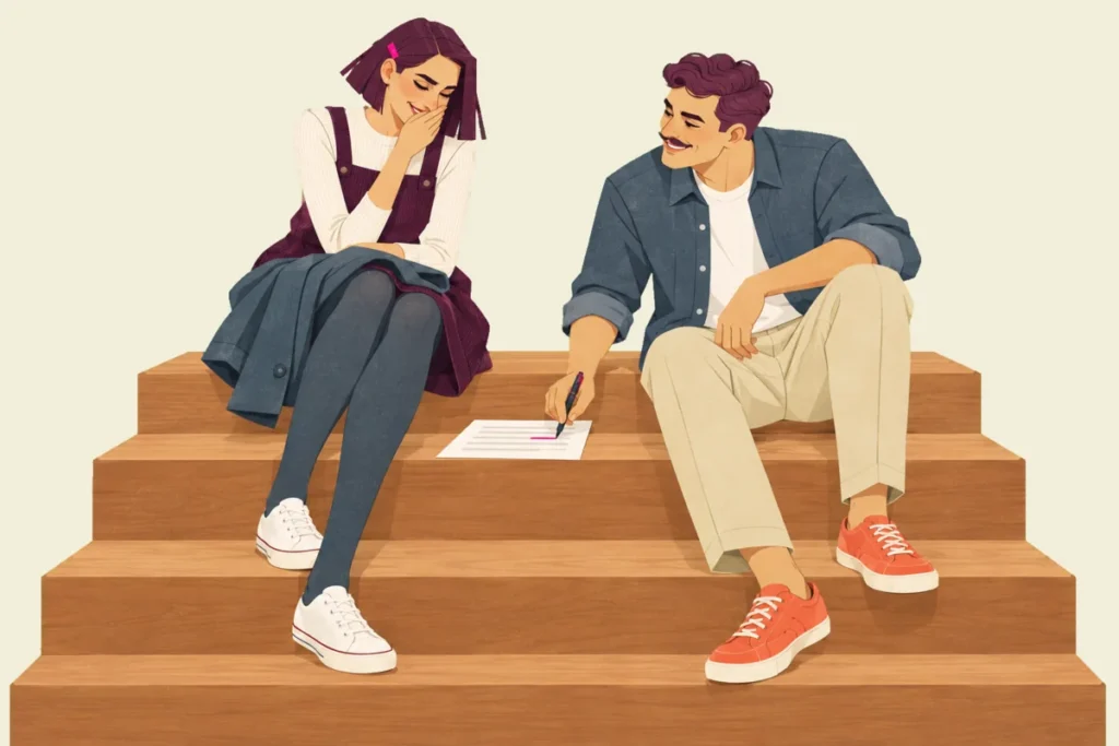 Illustration of Mira and Ivo sitting on wide wooden steps in an office seating area, a printed page on the step between them; Ivo, smiling, points his pen at one marked line while Mira, her coat folded on her lap, laughs behind her hand.