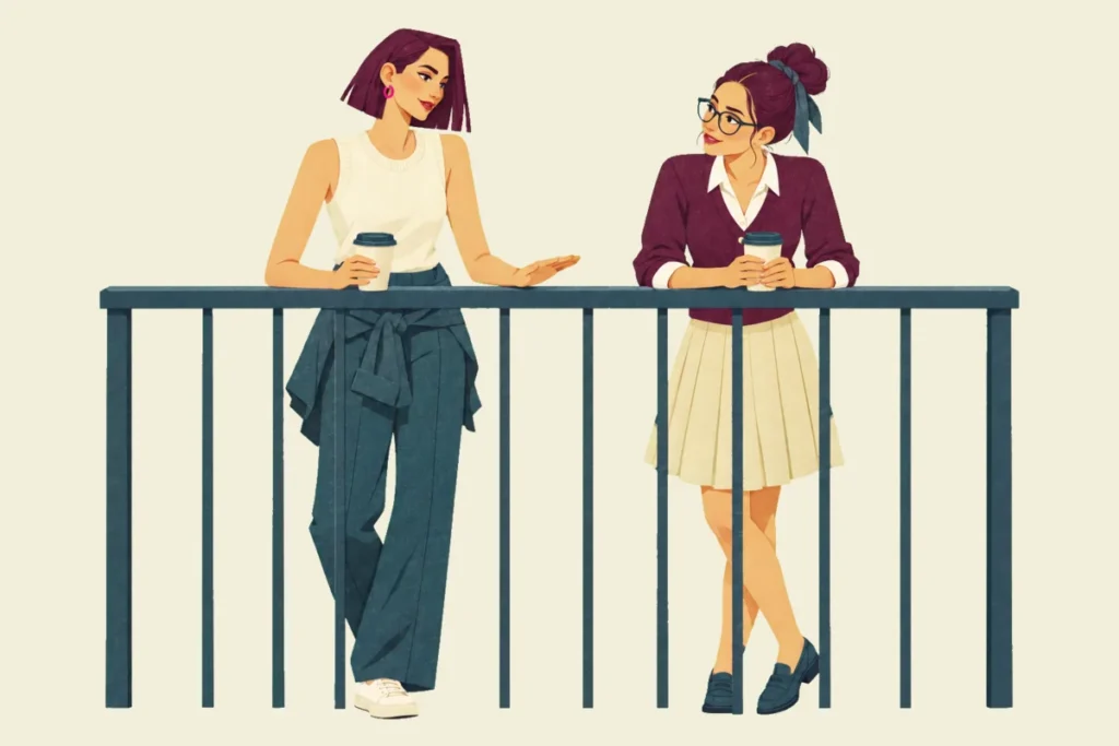 Illustration of Noor and Mira leaning on a balcony railing with paper cups, Mira turned toward Noor with her free hand held flat in a small calming gesture as she suggests a simpler plan, and Noor looking back at her with a small smile.