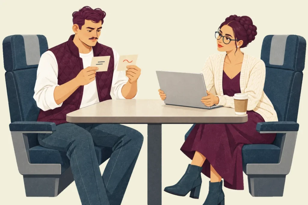 Illustration of Ivo in a train seat frowning at two index cards he holds side by side, while Noor across the table, her laptop open in front of her and a coffee cup at her elbow, looks over at him.