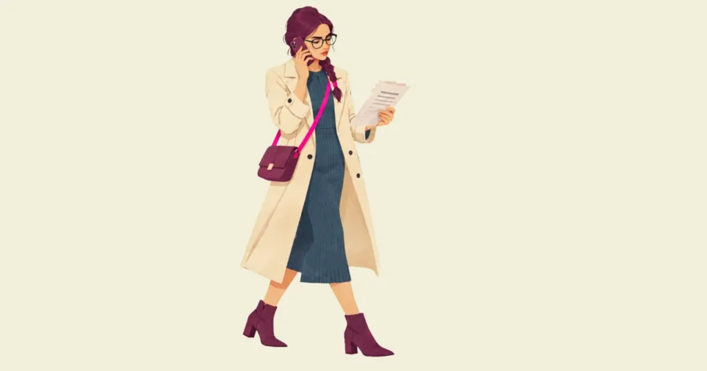 Noor walks with a phone pressed to her ear, frowning slightly at a printed document in her other hand as she listens to a change she has not agreed to yet.