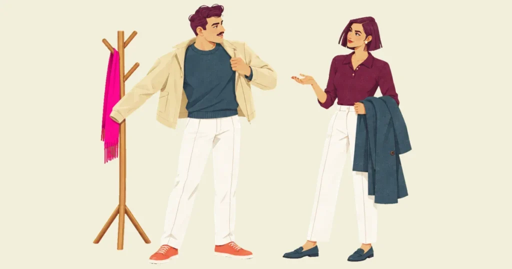 Illustration of Ivo pulling on a light jacket beside a wooden coat rack hung with a pink scarf, glancing at Mira, who holds a blue coat over one arm and turns an open palm toward him as if asking a question.