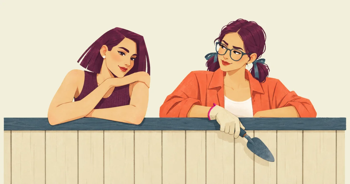 Illustration of Mira and Noor leaning on the top rail of a wooden fence, Mira resting her chin on her folded arms with a dreamy look, Noor beside her holding a trowel in one gloved hand and glancing at her with a wry smile.