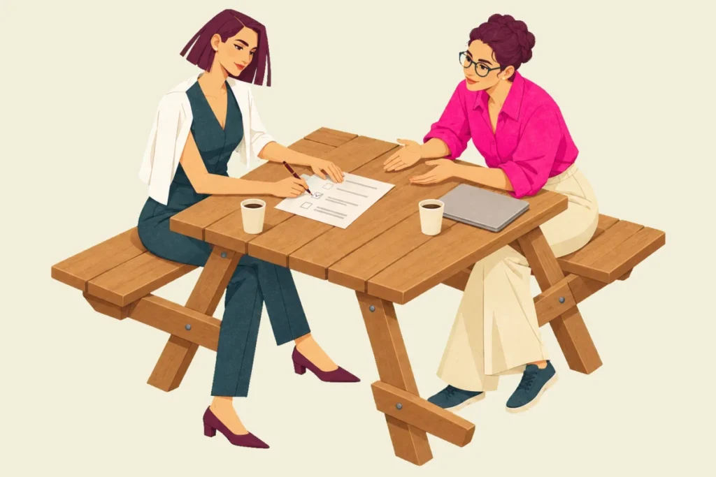 Illustration from above of Mira and Noor at an outdoor picnic table, Noor leaning in with open hands to make her case while Mira, pen in hand, ticks one box on the printed checklist between them.