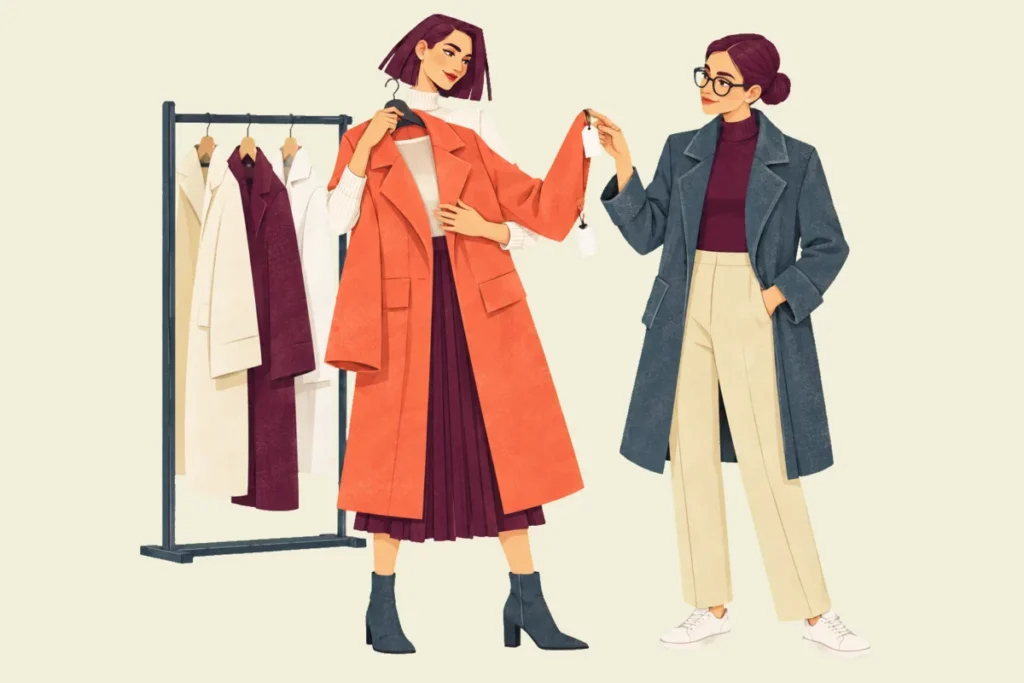 Illustration of Mira beside a rail of coats, holding a new orange coat on its hanger up against herself, while Noor, in her own grey coat, lifts the new coat's blank tag between two fingers and looks at her.