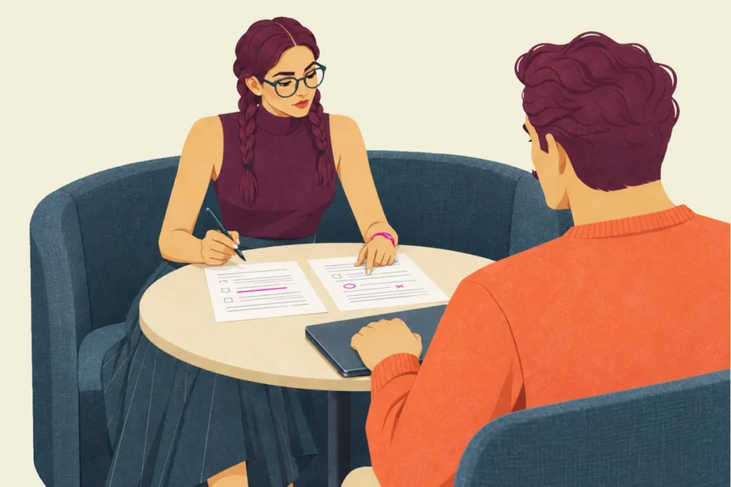 Illustration over Ivo's shoulder in a meeting pod as Noor, seated opposite, writes on one printed page and points to a line on another, while Ivo's hand rests on a closed laptop.