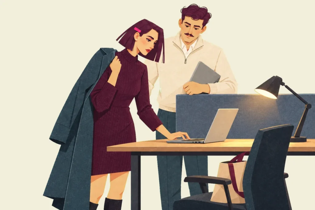 Illustration of Mira, her coat slung over one shoulder, typing a last note on a laptop under a desk lamp while Ivo, holding his own closed laptop, leans on the partition beside her desk to read it.